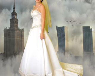 Suknia ślubna w tle miasto Warszawa