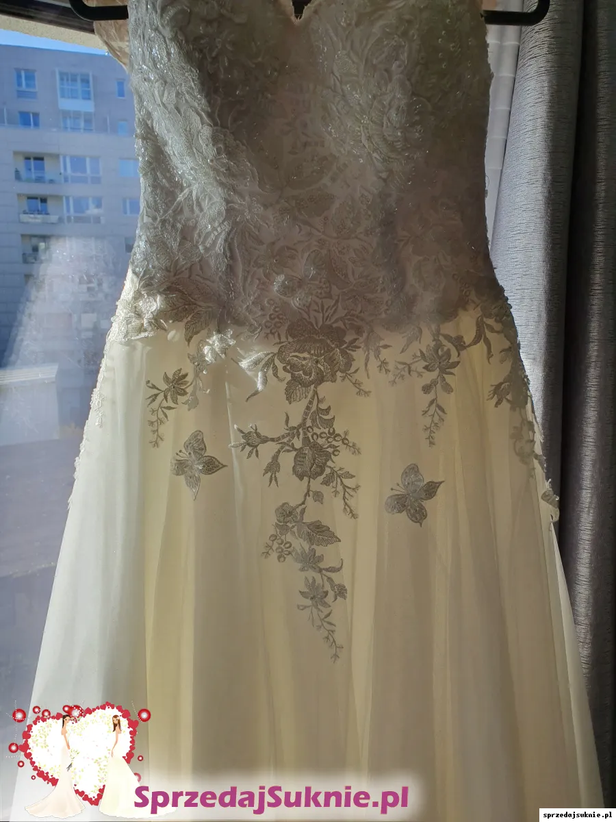 Åšmietankowa suknia, koronka 3D, r. 38, 164 cm + obcas