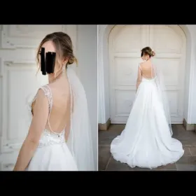 Cudowna suknia ślubna z trenem i odkrytymi plecami