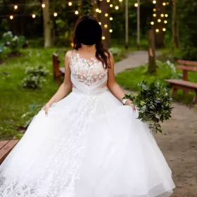 Piękna suknia ślubna 3D (boho, nude/ivory) + szlafrok GRATIS