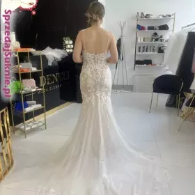 Koronkowa rybka Randy Fenoli z pięknym, długim trenem i odpinanymi rękawami rozmiar 36-38 wzrost 178cm