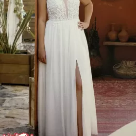 Suknia ślubna BOHO ecru 36/38 – koronka, litera A, stan idealny