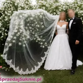 Suknia ślubna + welon + rękawy + choker | gorset wiązany | tren podpinany