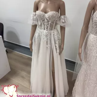 gorsetowa suknia slubna z koronką r. 36 z rozcięciem brokatowy tiul